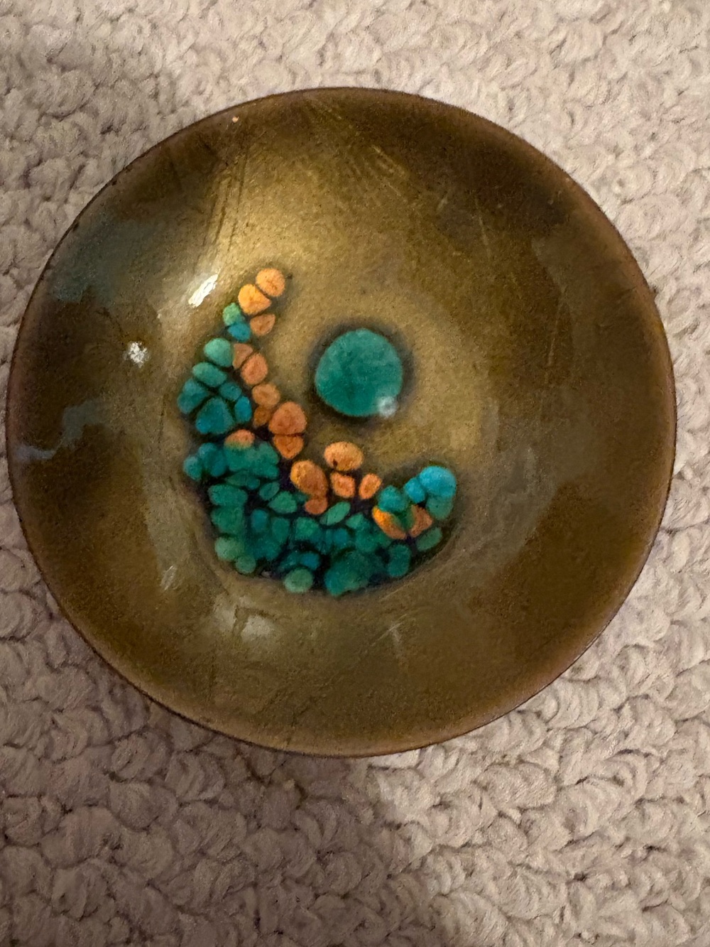 Vintage Bovano Decorative Bowl in Olive with Teal/copperAccents